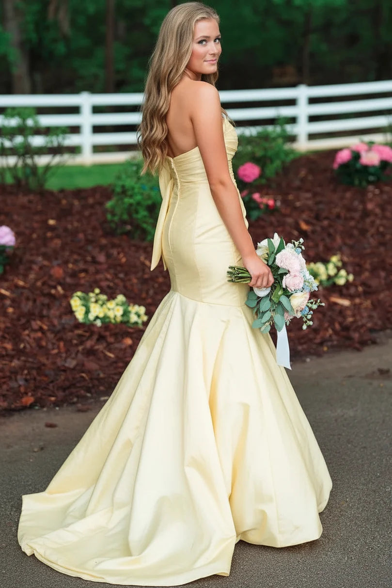 Tube Top Off-Shoulder Sleeveless Satin Pleated Trumpet Mermaid Formal Prom Dress with Slit DP7622