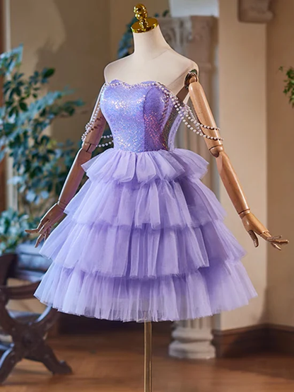 Glitter Sweetheart Neck Purple Short Sequin Tulle Prom Dress Homecoming Dress DP614