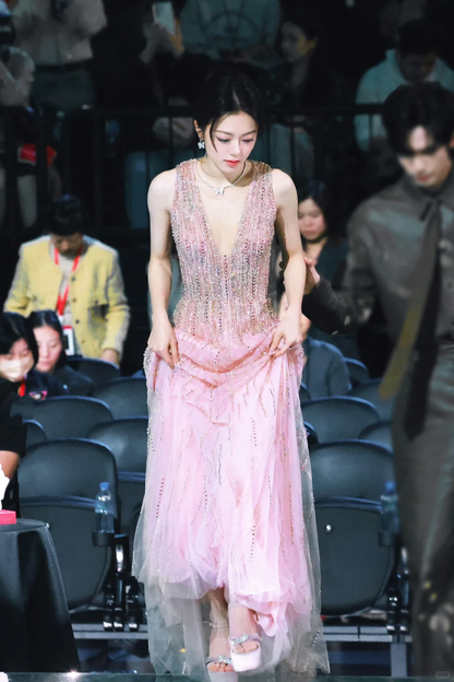 Gorgeous A Line V Neck Beaded Sequin Pink Tulle Long Party Dress Evening Dress DP2435