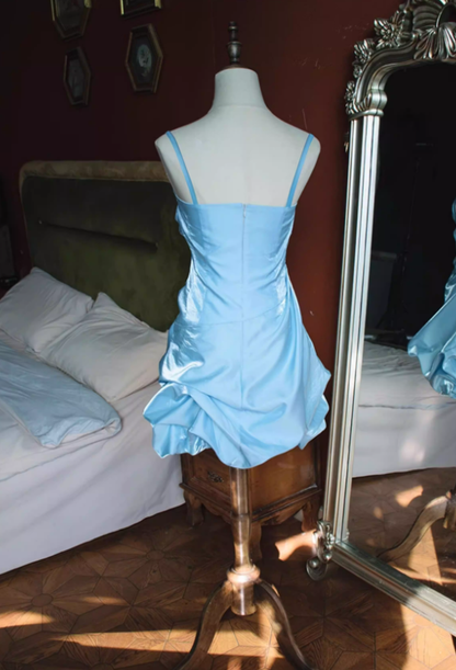 Cute Pink A Line Spaghetti Strap Pleated Satin Short Homecoming Dress Outfits DP4701