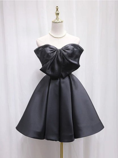 Black Strapless Bow Knot Satin Short Prom Dress Homecoming Dress DP047