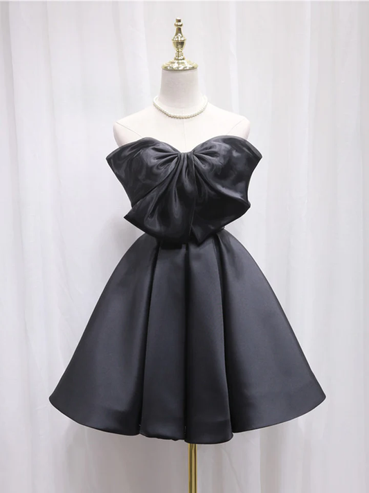 Black Strapless Bow Knot Satin Short Prom Dress Homecoming Dress DP047