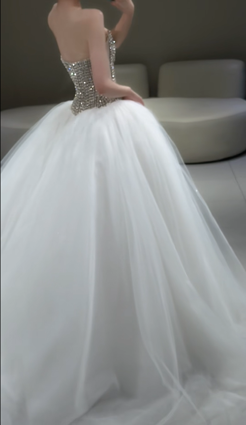 Shiny A Line Strapless Rhinestone White Tulle Long Wedding Dress DP4808
