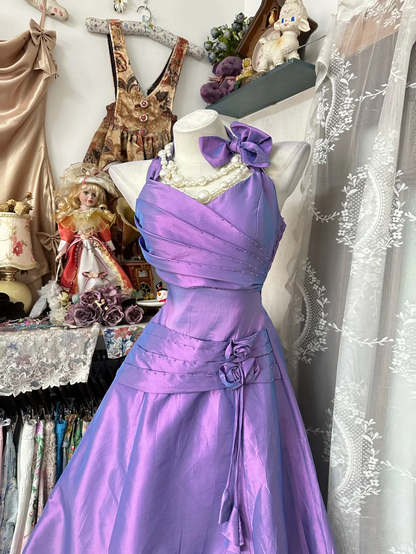Vintage Romantic Purple A Line Spaghetti Strap Bow Satin Prom Dress Evening Dress DP5230