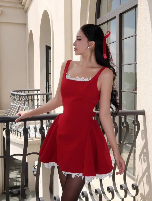 Charming A Line Straps Red Satin White Lace Short Homecoming Dress DP2824