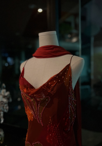 Vintage Burgundy Sheath Beaded Print Floral Chiffon Prom Dress Party Dress Date Dress DP4450