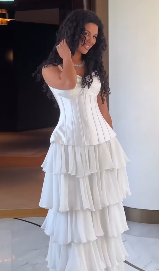 White A Line Straps Beaded Layered Chiffon Satin Prom Dress Evening Dress DP4340