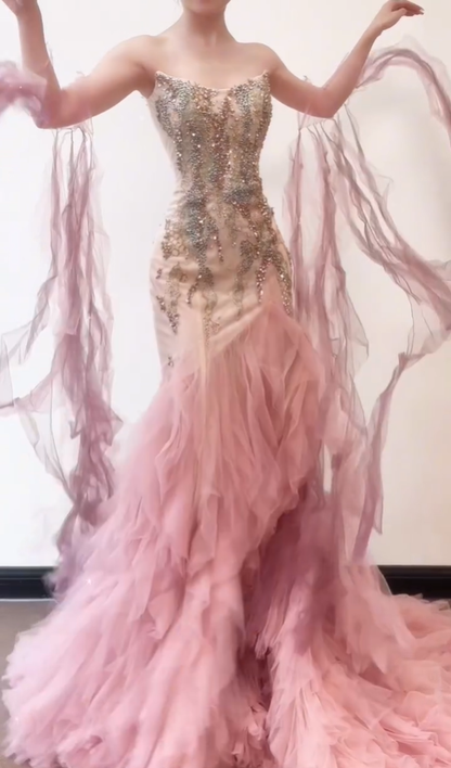 Romantic Pink Mermaid Strapless Exquisite Beaded Tulle Long Prom Dress DP4602