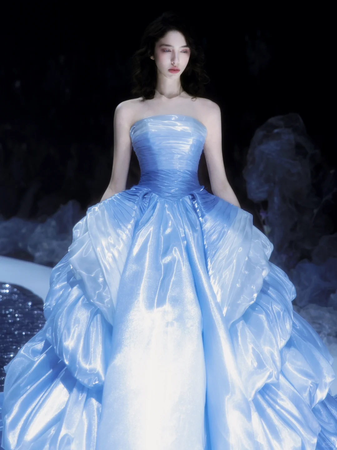 Stunning Blue Ball Gown Strapless Pleated Layered Satin Long Prom Dress DP2836