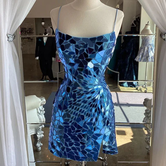 Royal Blue Sheath Spaghetti Straps Sequin Tight Mini Formal Homecoming Dress Short Cocktail Outfits Graduation Dress DP2940