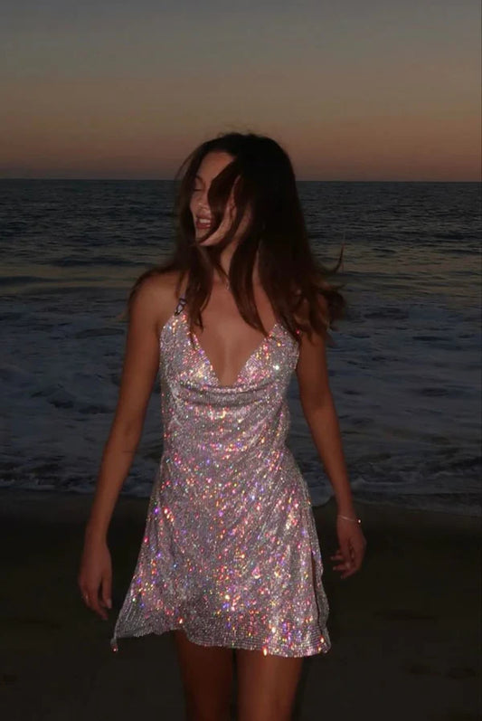 Modest A line Halter Sequin Short Formal Homecoming Dress Middle School Short 18th Birthday Outfits Graduation Dress Cocktail Dresses DP2938