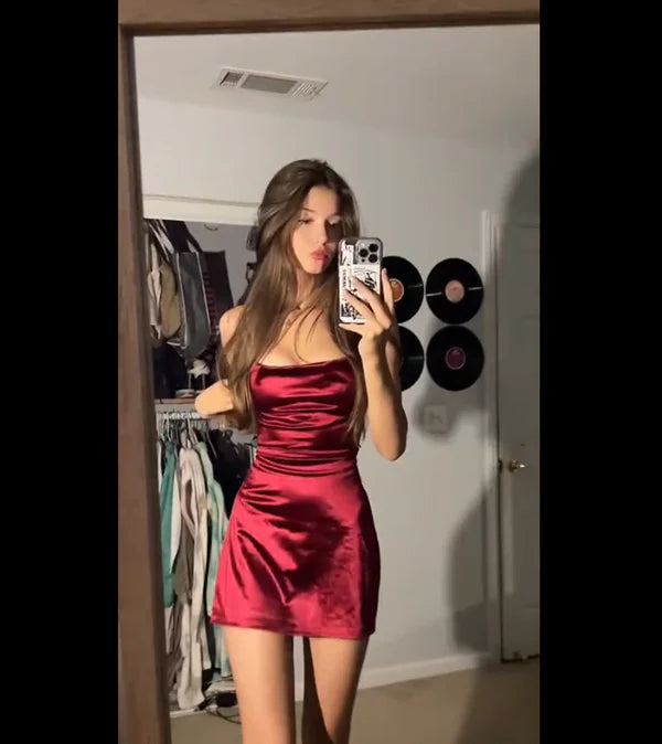 Burgundy A Line Spaghetti Strap Satin Mini Homecoming Dress Cocktail DressDP3360
