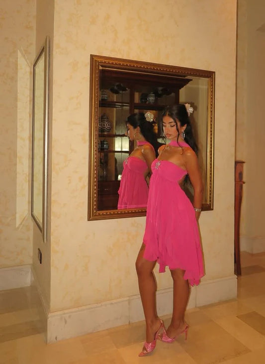 YA Line Strapless Hot Pink Chiffon High Low Formal Homecoming Dresses 8th Grad Dance Graduation Dress Short Hoco Dresses DP3357