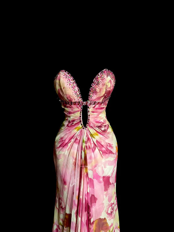 Vintage Mermaid Sweetheart Pink Chiffon Floral Backless Long Prom Dresses Party Dress 18th Birthday Outfits Graduation Dresses DP3351