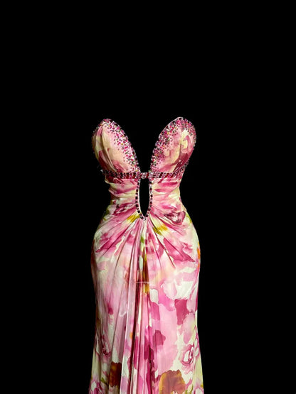 Vintage Mermaid Sweetheart Pink Chiffon Floral Backless Long Prom Dresses Party Dress 18th Birthday Outfits Graduation Dresses DP3351