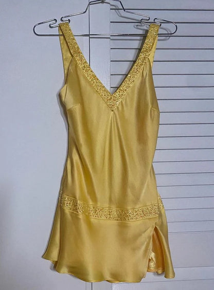 Yellow A Line V Neck Satin Yellow Short Beads Formal Homecoming Dresses Short Dresses Party Graduation Dress Hoco Dresses DP3356