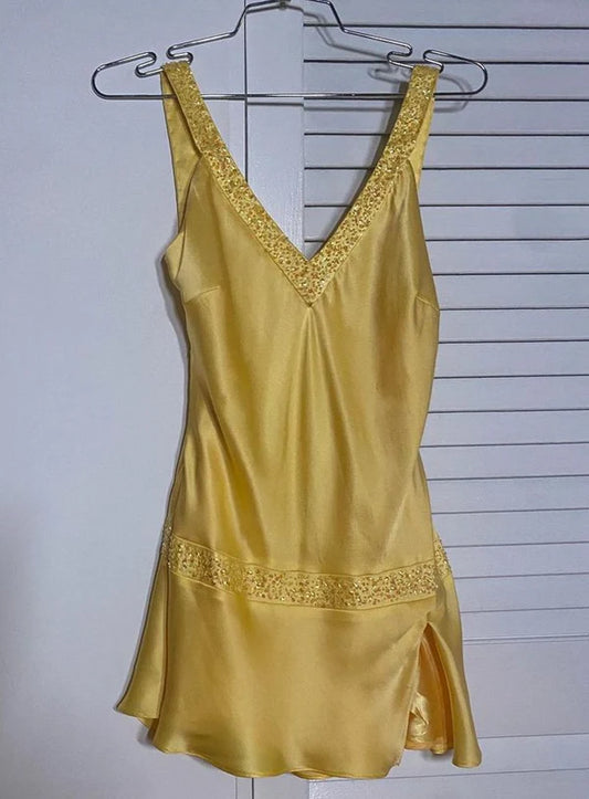 Yellow A Line V Neck Satin Yellow Short Beads Formal Homecoming Dresses Short Dresses Party Graduation Dress Hoco Dresses DP3356