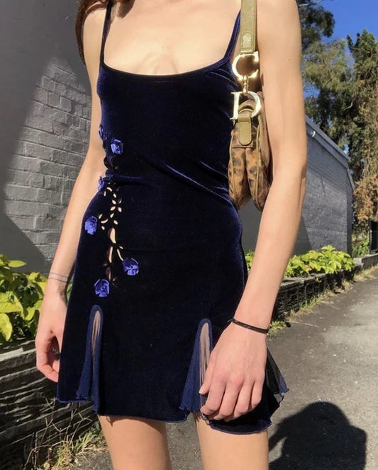 Vintage A Line Spaghetti Straps Navy Blue Short Flowers Formal Homecoming Dresses Short Dresses Party Graduation Dress Hoco Dresses DP3355