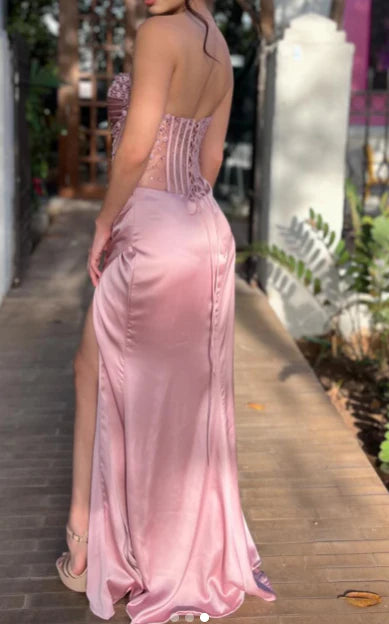 Sheath Sweetheart Pink Slit Satin Long Prom Dresses Party Dress Summer 20th Birthday Outfits 18th Birthday Dresses DP3787
