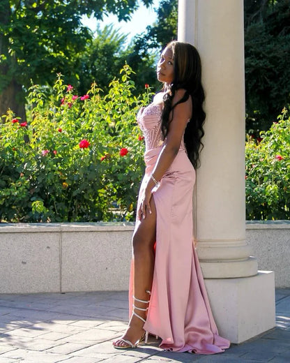 Sheath Sweetheart Pink Slit Satin Long Prom Dresses Party Dress Summer 20th Birthday Outfits 18th Birthday Dresses DP3787