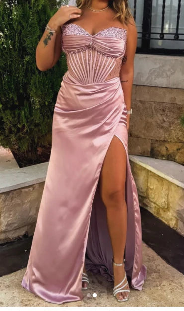 Sheath Sweetheart Pink Slit Satin Long Prom Dresses Party Dress Summer 20th Birthday Outfits 18th Birthday Dresses DP3787
