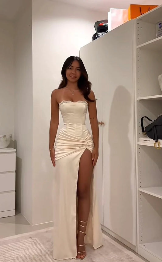 Apricot Mermaid Strapless Slit Satin Long Prom Dresses Party Dress Summer 20th Birthday Outfits 18th Birthday Dresses DP3786