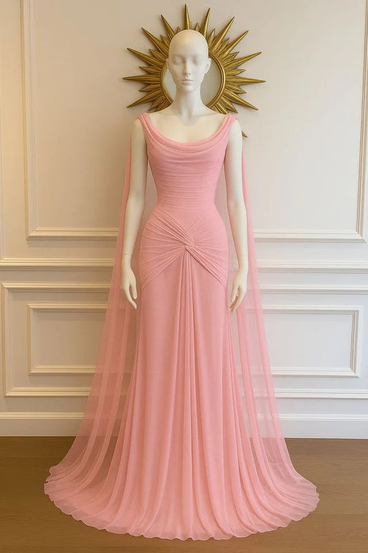 Elegant Mermaid Scoop Neck Pink Chiffon Long Prom Dresses Party Dress Summer 20th Birthday Outfits 18th Birthday Dresses DP3784