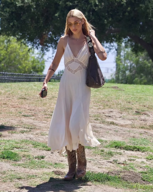 Pretty A Line Spaghetti Straps Ivory Lace Chiffon Prom Dress Outfits DP4958