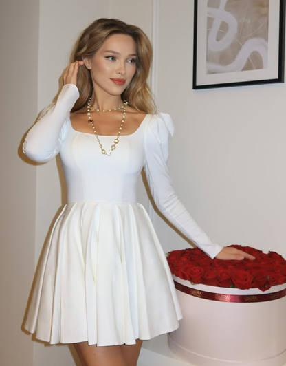 Simple White A Line Long Sleeve Satin Short Homecoming Dress Outfits DP6007