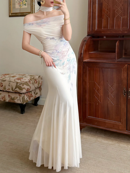 Gentle Mermaid Print Flower Ivory Chiffon Long Prom Dress Evening Dress DP6789