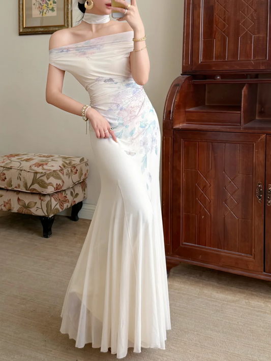 Gentle Mermaid Print Flower Ivory Chiffon Long Prom Dress Evening Dress DP6789