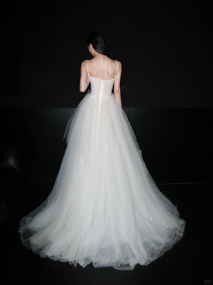Elegant Ball Gown Spaghetti Strap Flowy Tulle Long Wedding Dress DP6384