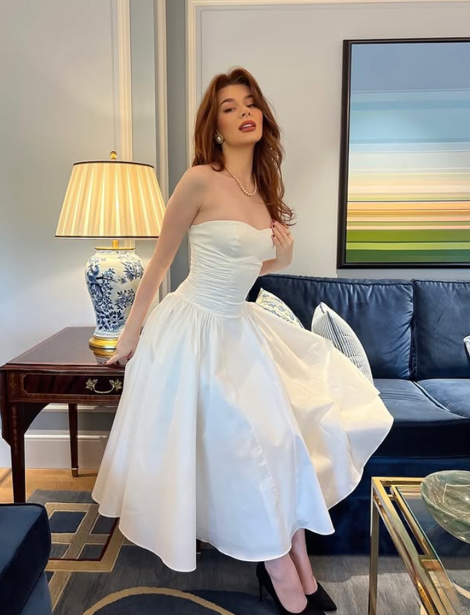 Cute White A Line Sweetheart Neck Satin Prom Dress Date Dress DP4288
