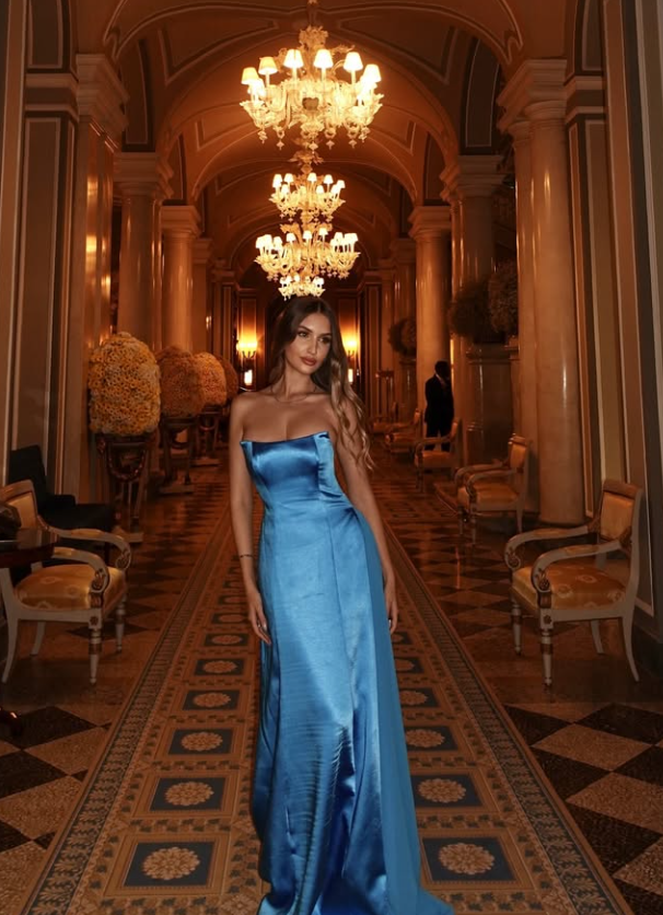 Dodger Blue Elegant A Line Strapless Chiffon Satin Long Prom Dress Evening Dress DP3303