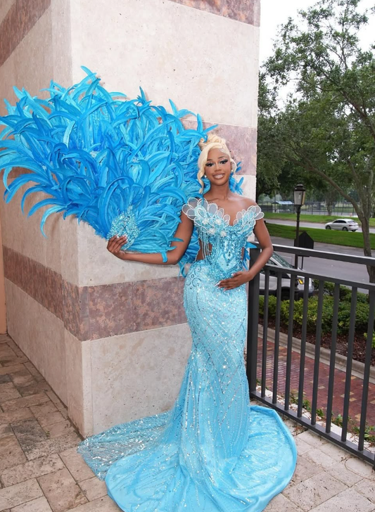 Chic Mermaid Strapless Shiny Beaded Sequin Tulle Long Sweep Prom Dress DP5053