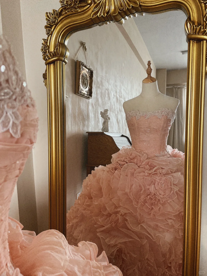 Sweety Light Pink Ball Gown Floral Tulle Prom Dress 16th Birthday Dress DP5019