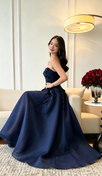 Elegant Navy Blue A Line Strapless Beaded Tulle Long Prom Dress DP5062