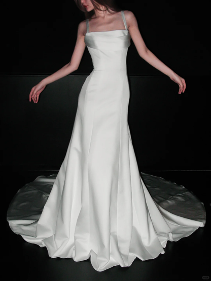 Glossy Mermaid Strap White Satin Long Sweep Wedding Dress DP5203