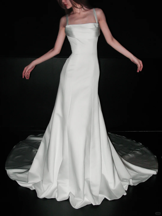 Glossy Mermaid Strap White Satin Long Sweep Wedding Dress DP5203