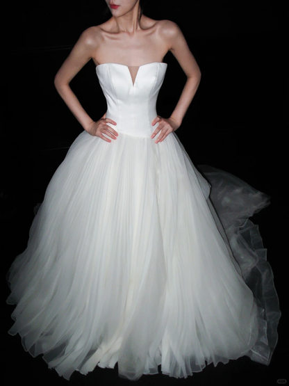 Cute White Ball Gown Sweetheart Neck Satin Tulle Long Train Wedding Dress DP8097