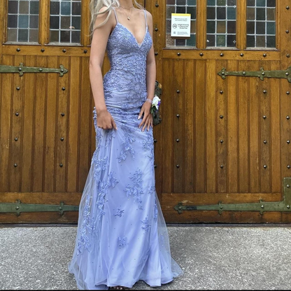 Elegant Mermaid Spaghetti Straps Appliques Tulle Long Prom Dress Evening Dress DP1559