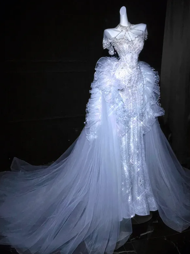 Stunning White Mermaid Halter Exquisite Beaded Sequin Tulle Long Prom Dress Evening Dress DP4684