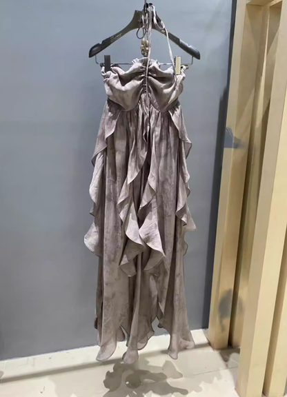 A Line Halter Ruffled Floral Chiffon Long Vacation Dresses Outfits DP1323