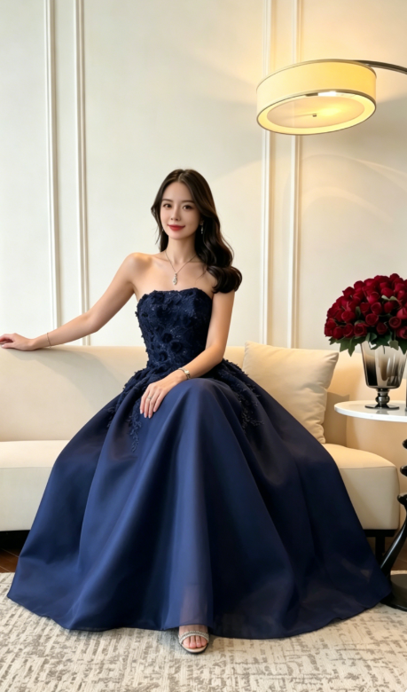 Elegant Navy Blue A Line Strapless Beaded Tulle Long Prom Dress DP5062