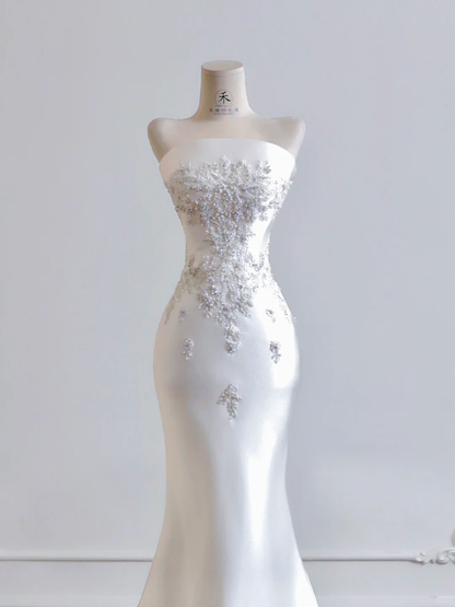 White Mermaid Strapless Exquisite Beaded Satin Long Prom Dresses Wedding Dresses DP4188