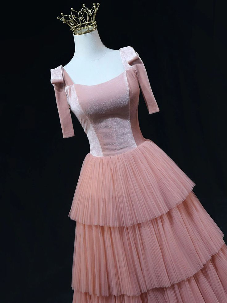 Elegant Pink Velvet Layered Tulle Long Prom Dress Evening Dress DP461