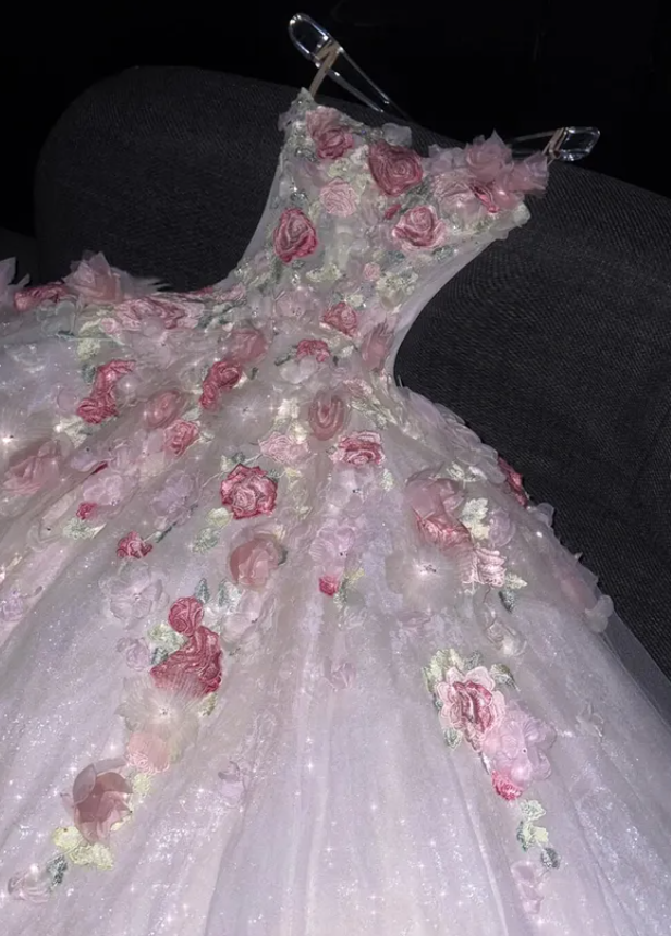 Sweety Pink Floral Ball Gown Strapless White Tulle Prom Dresses DP4642