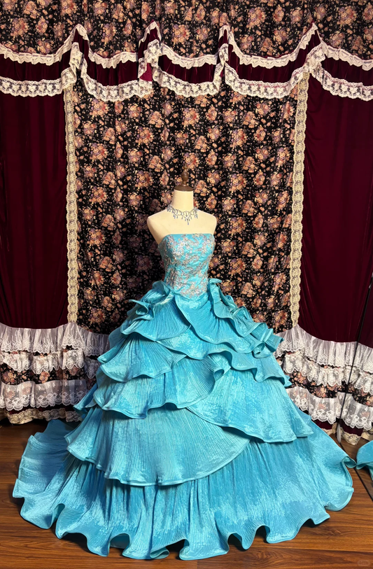 Vintage Unique Blue Ball Gown Strapless Beaded Layered Satin Prom Dress Sweet 16 Dress DP5662