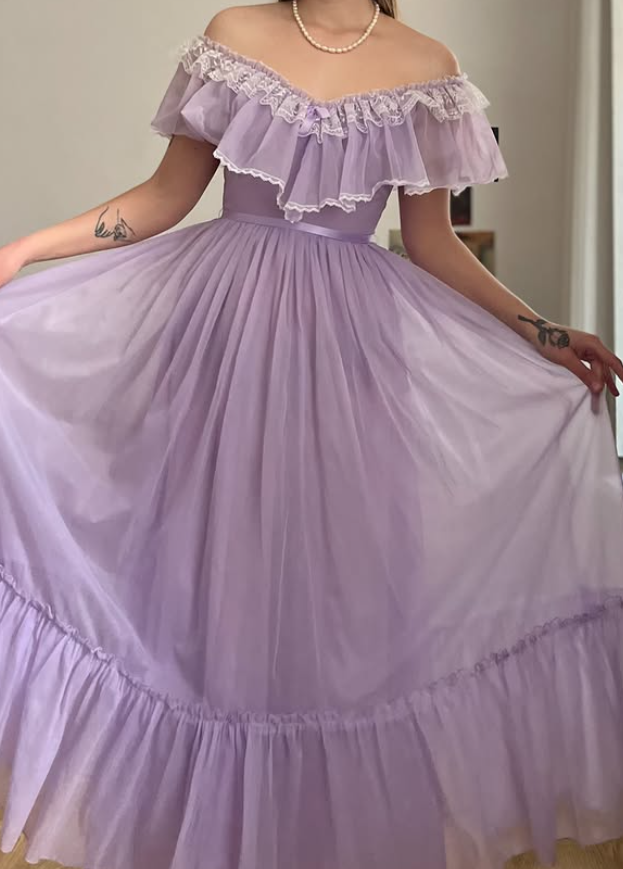 Vintage A Line Off the Shoulder Lilac Tulle Prom Dress Evening Dress Date Dress DP5708