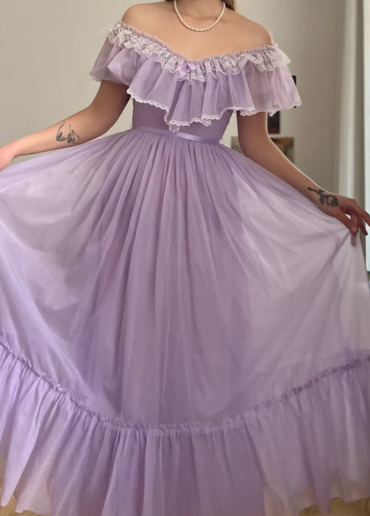 Vintage A Line Off the Shoulder Lilac Tulle Prom Dress Evening Dress Date Dress DP5708